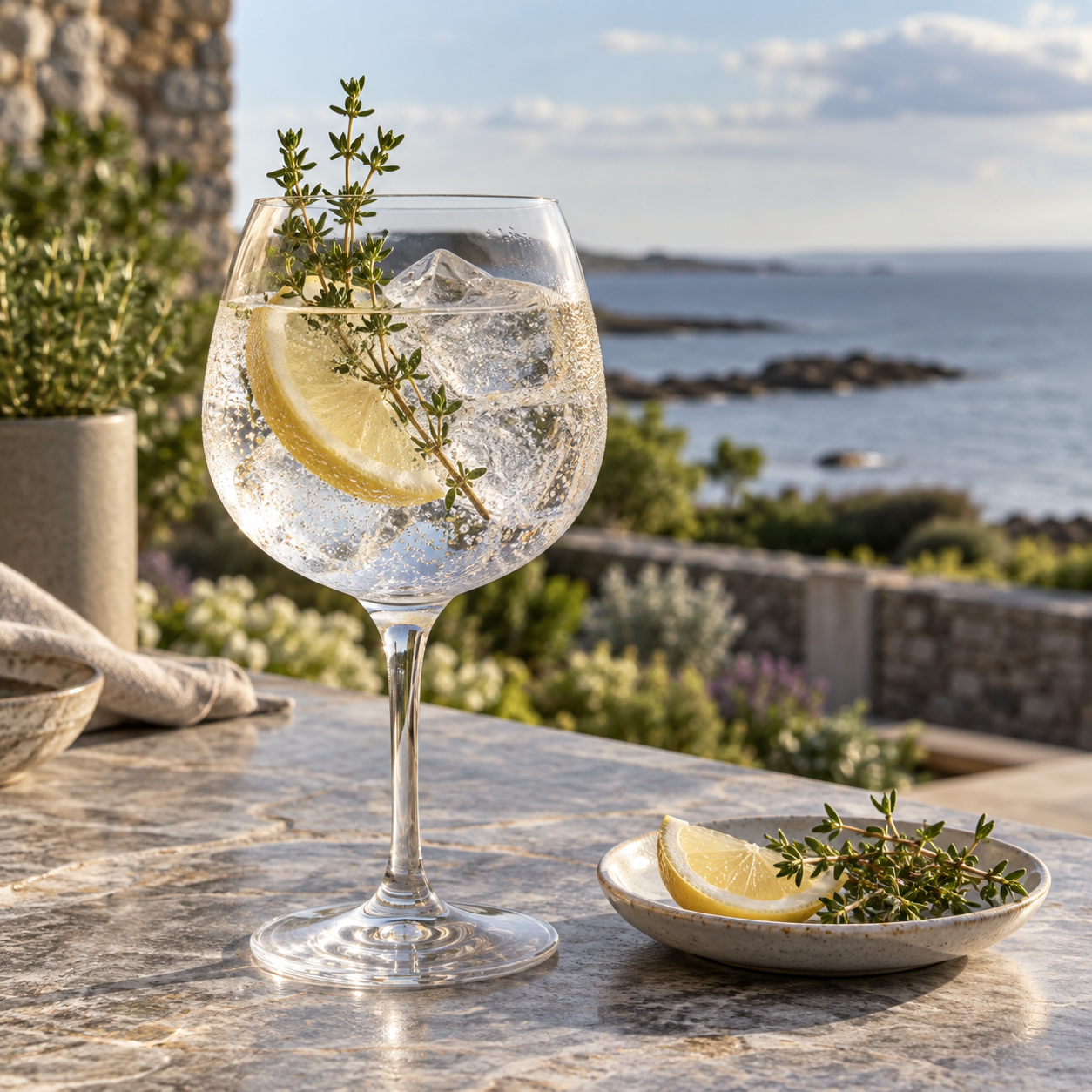 Fidra Gin servi avec Fever-Tree Indian Tonic Water, agrémenté de rondelle de citron et brin de thym citron