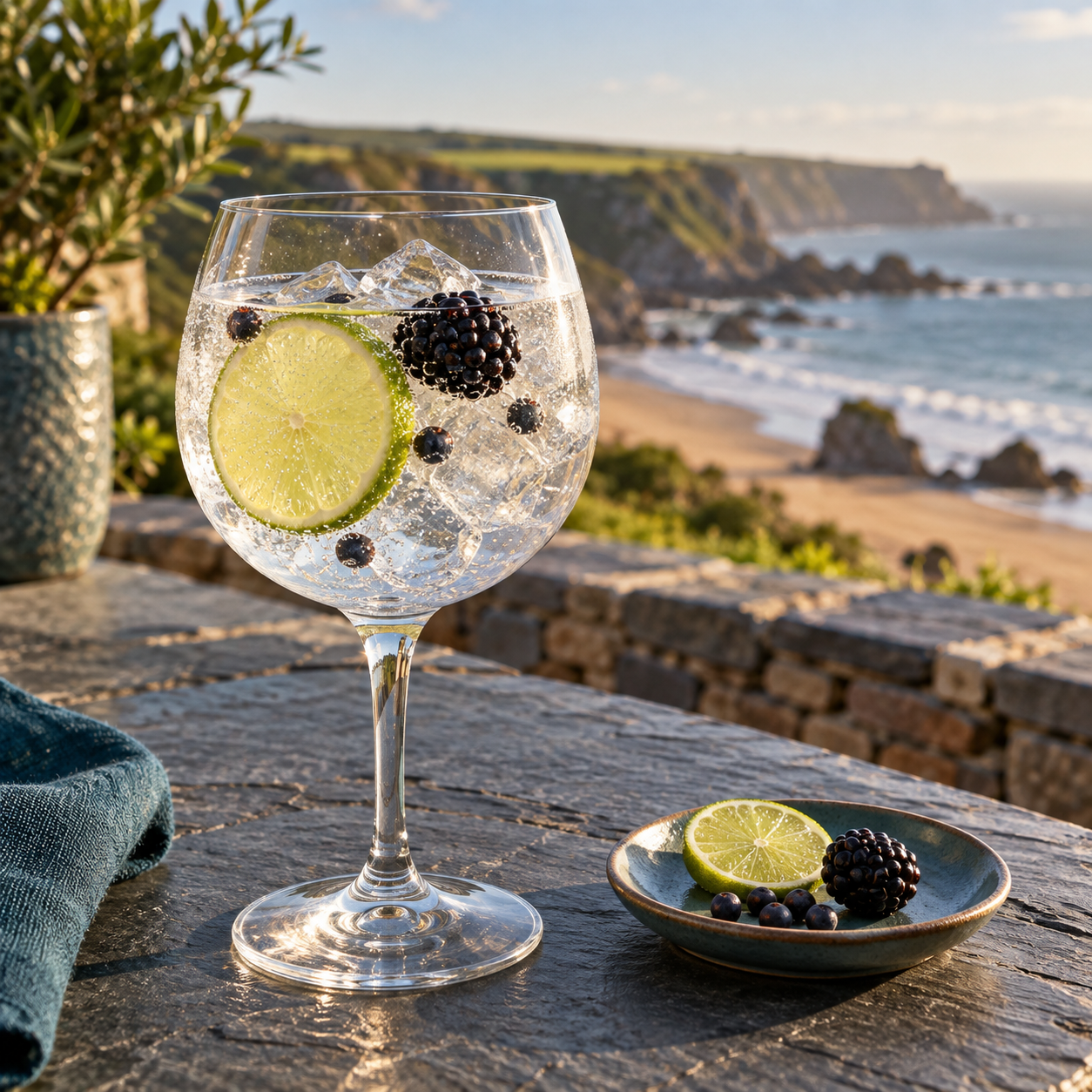 GWYR Port Eynon Navy Strength Gin served with Fever-Tree Indian Tonic Water, garnished with Blackberry and Lime Peel