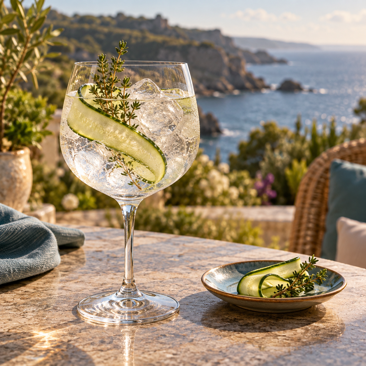 Lantic Gin servi avec Fever-Tree Mediterranean Tonic Water, agrémenté de ruban de concombre et thym citron