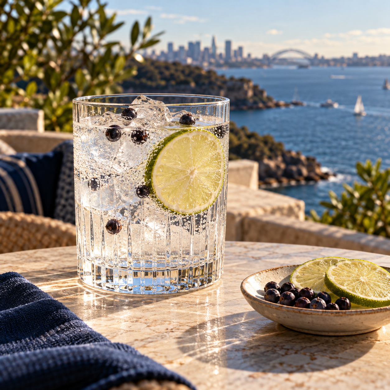 Manly Spirits North Head Navy Strength Gin served with Fever-Tree Indian Tonic Water, garnished with Lime Wheel and Juniper Berries