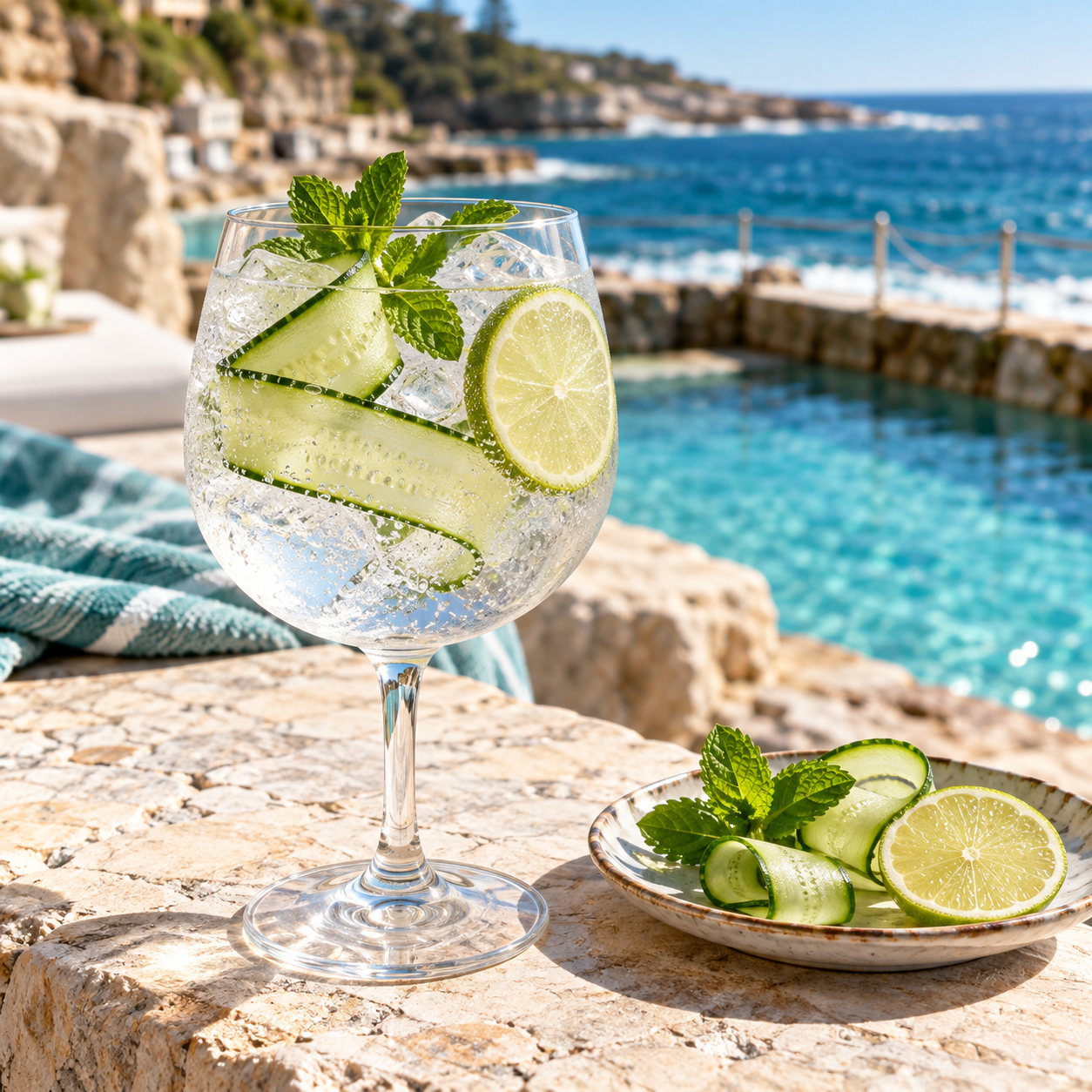 Manly Spirits Bronte Baths Gin served with Fever-Tree Indian Tonic Water, garnished with Cucumber Ribbon and Lime Wedge