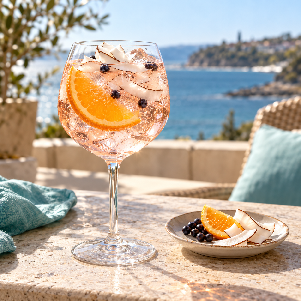 Manly Spirits The Beaches Gin served with Fever-Tree Indian Tonic Water, garnished with Orange Peel and Coconut Flakes