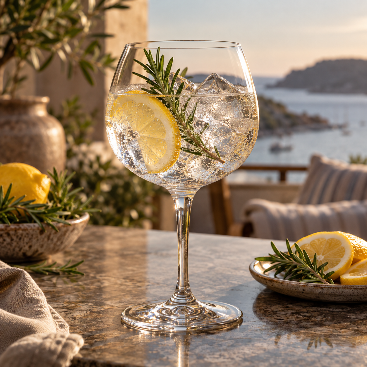 Manly Spirits Barrel Aged Gin served with Fever-Tree Indian Tonic Water, garnished with Lemon and Rosemary