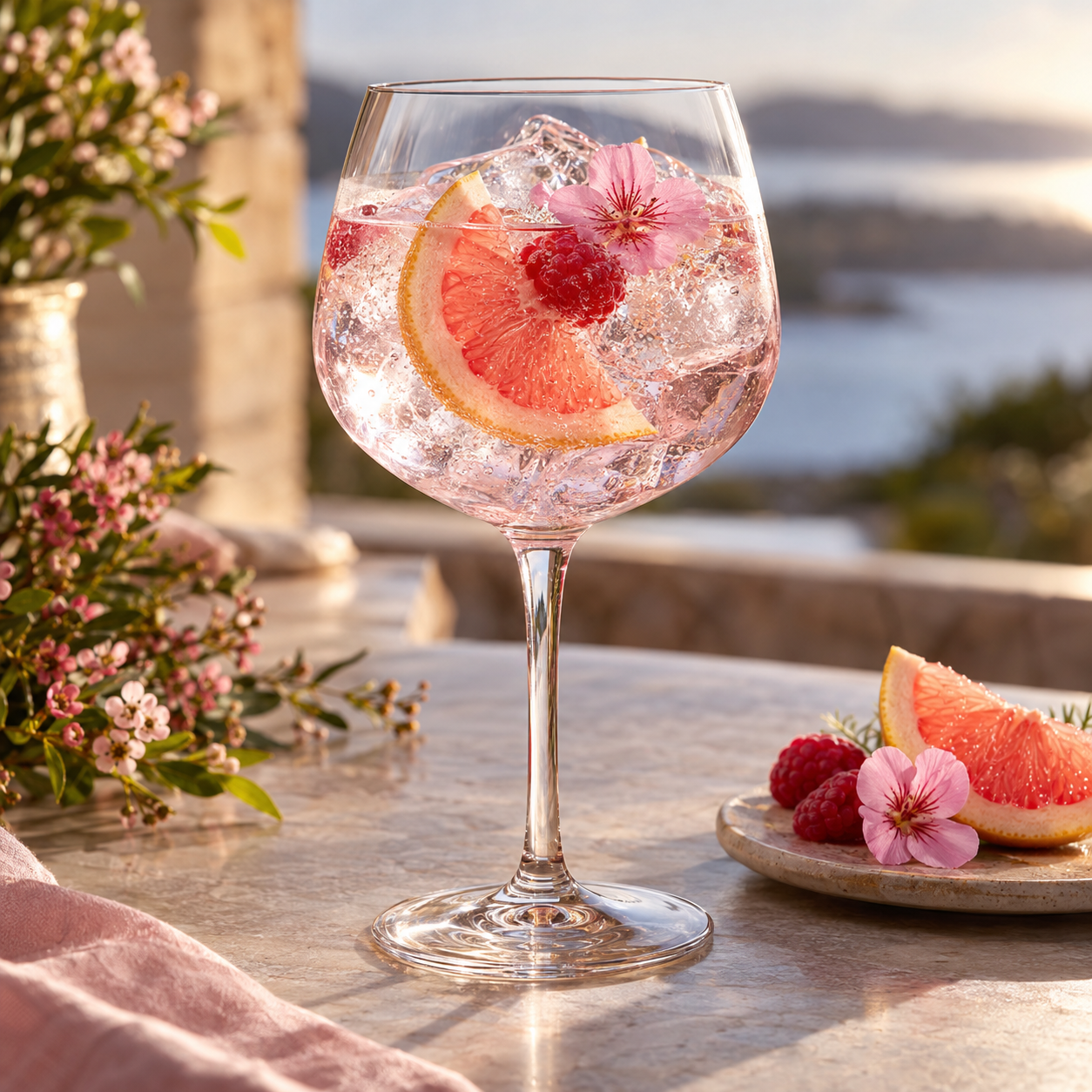 Manly Spirits Lilly Pilly Pink Gin served with Fever-Tree Indian Tonic Water, garnished with Raspberry and Pink grapefruit