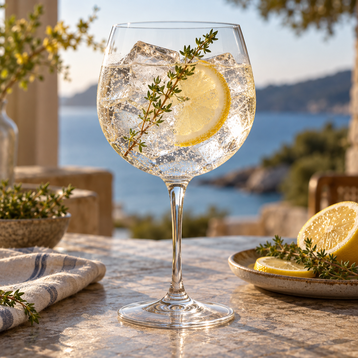 Manly Spirits Coastal Citrus Gin served with Fever-Tree Indian Tonic Water, garnished with Lemon and Thyme