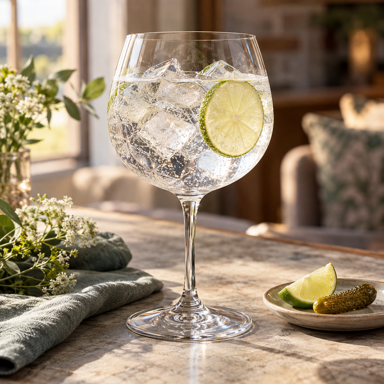 Persie Spaniel Gin served with Fever-Tree Indian Tonic Water, garnished with Lime and Cornichon