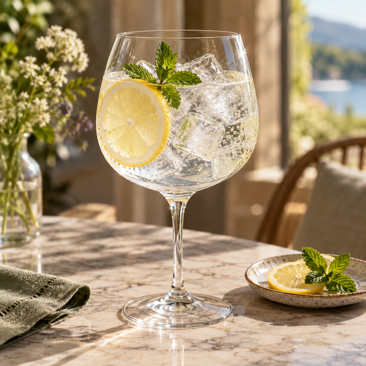 Persie Labrador Gin served with Fever-Tree Naturally Light Tonic Water, garnished with Lemon and Fresh Mint