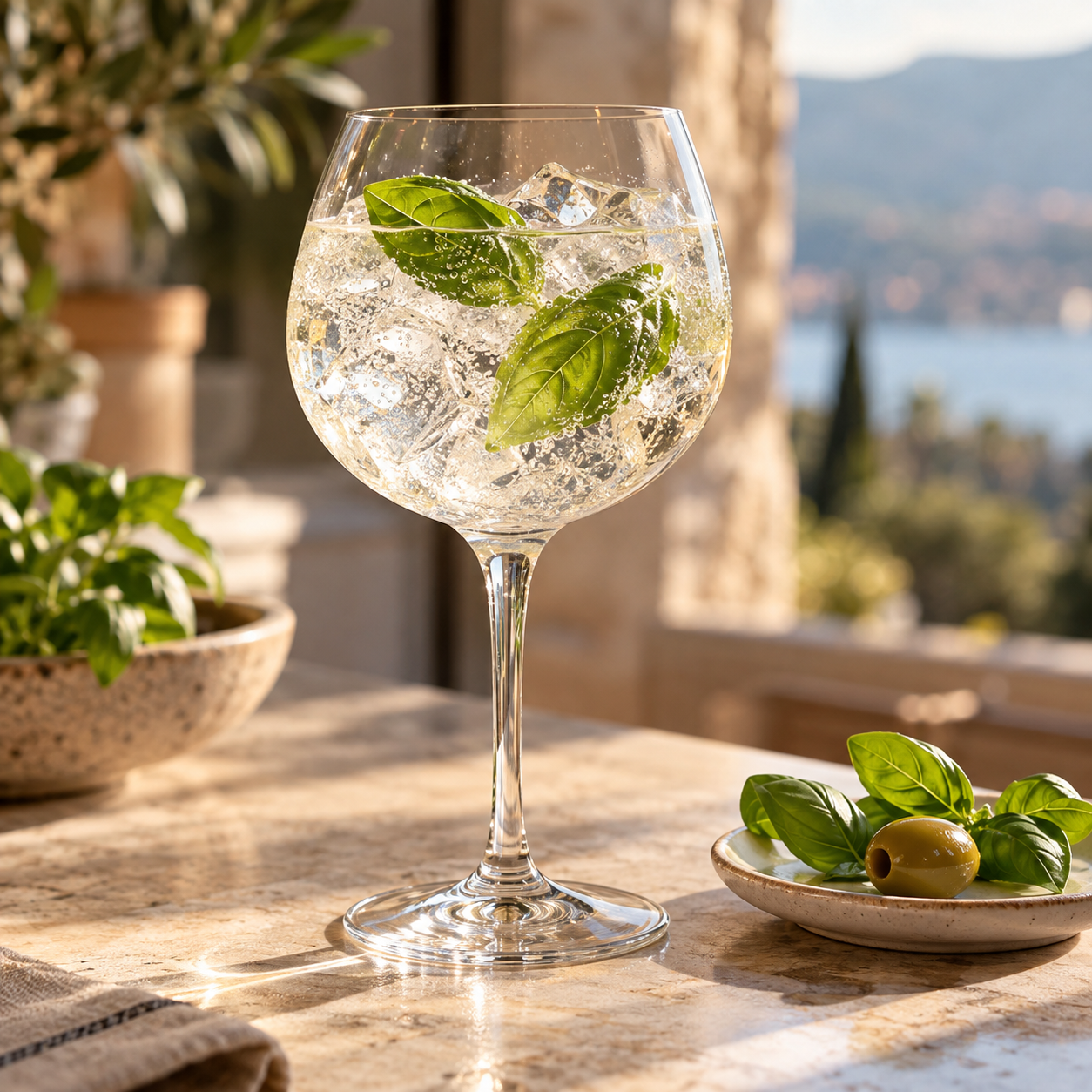 Persie Herby & Aromatic Gin servi avec Fever-Tree Naturally Light Tonic Water, agrémenté de basilic frais et olive verte