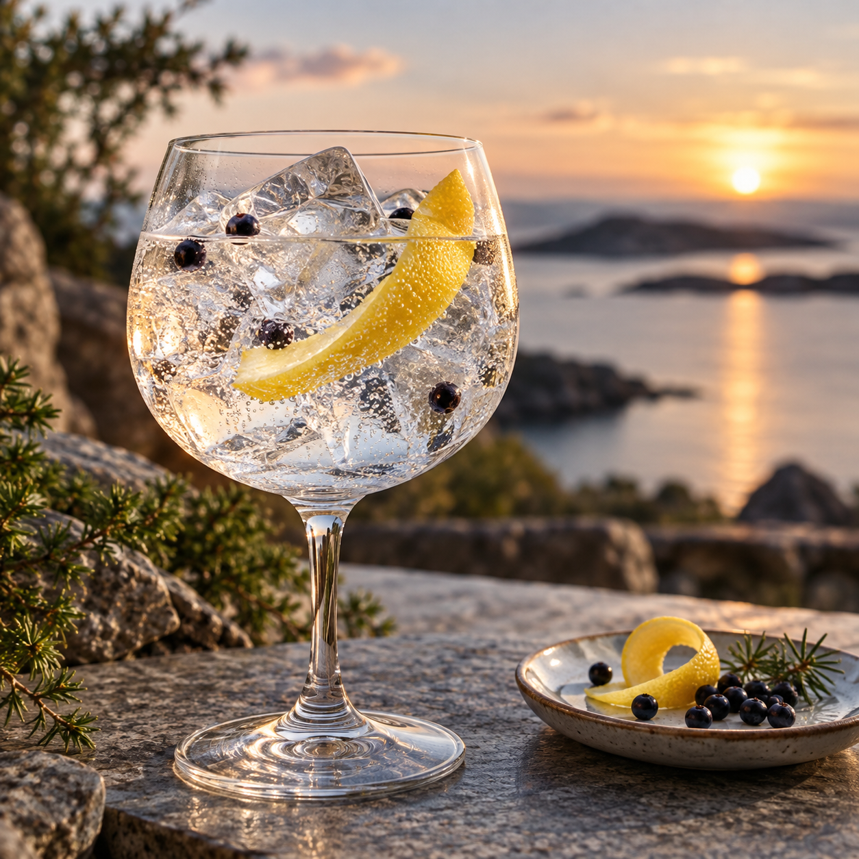 UCHU GIN DARK MATTER served with Fever-Tree Indian Tonic Water, garnished with Lemon Peel and Juniper Berries