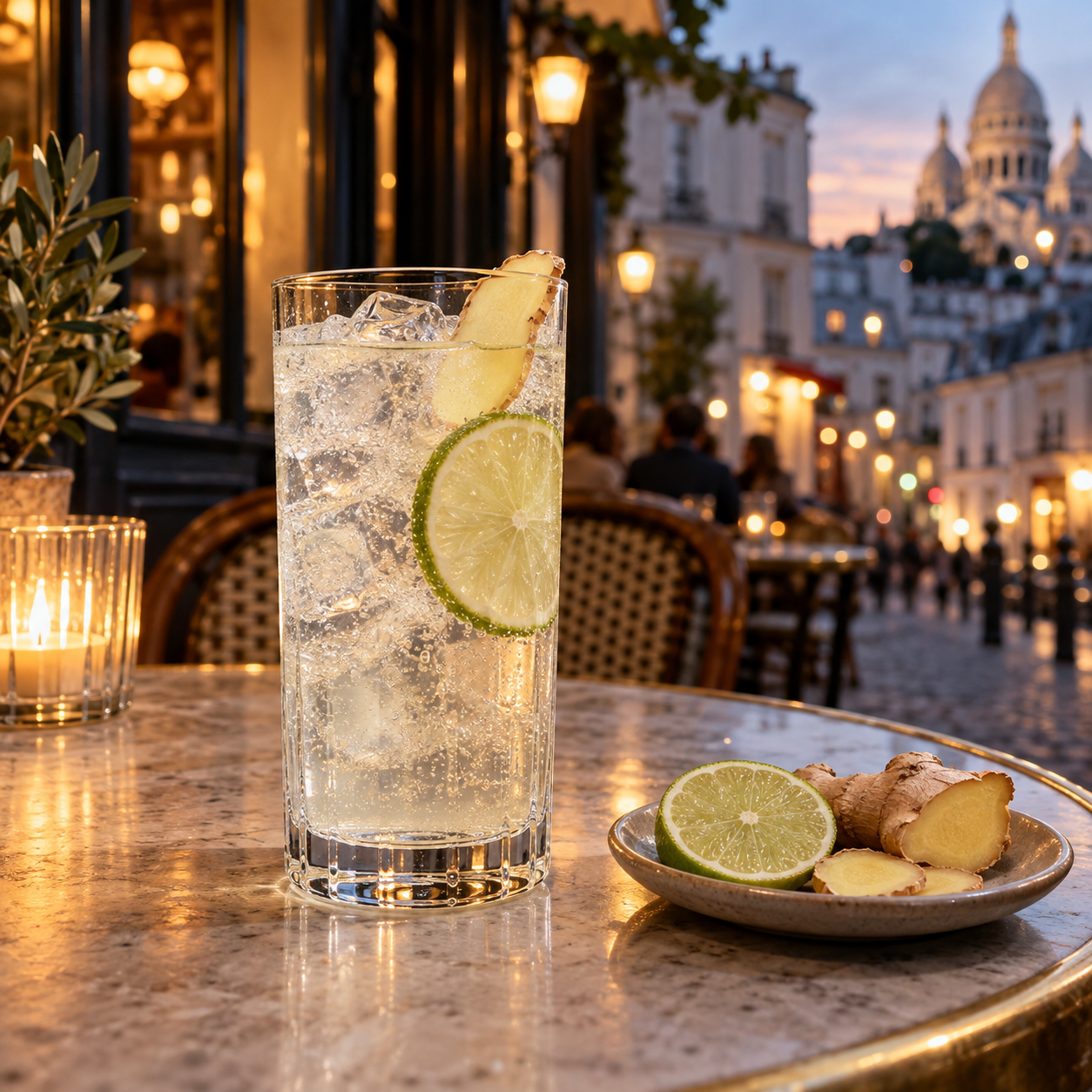 Ginger Drop servi avec Schweppes Tonic Water, agrémenté de rondelle de citron vert et gingembre frais