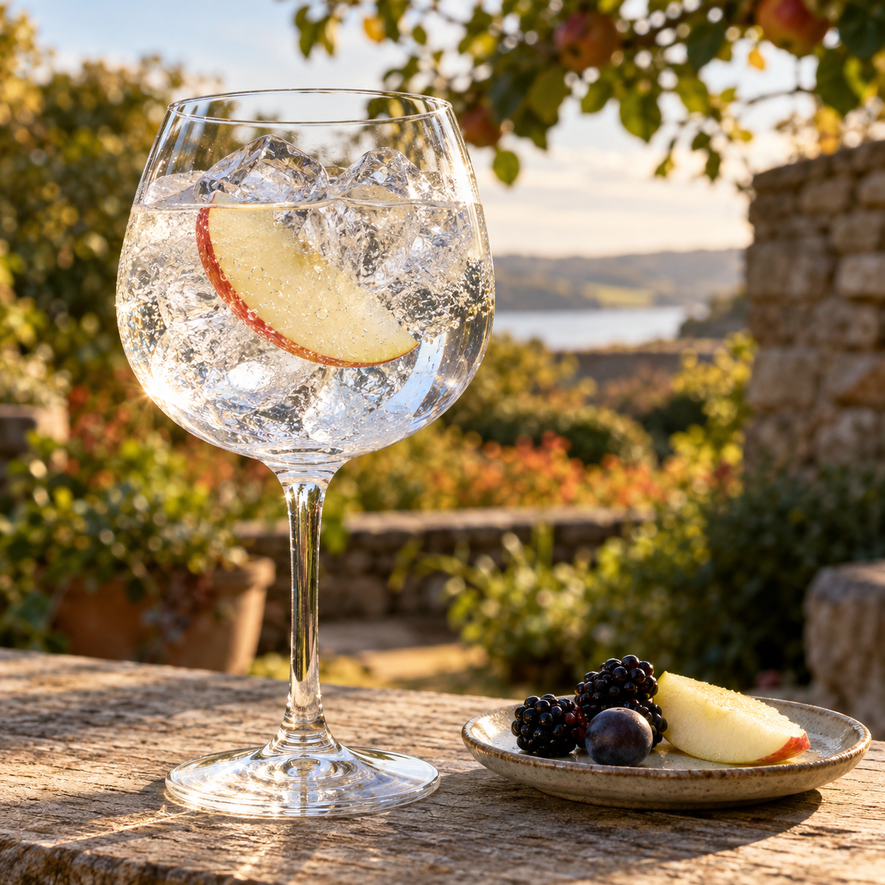 Rosemullion Harvest Gin served with Fever-Tree Indian Tonic Water, garnished with Apple Slice and Blackberries