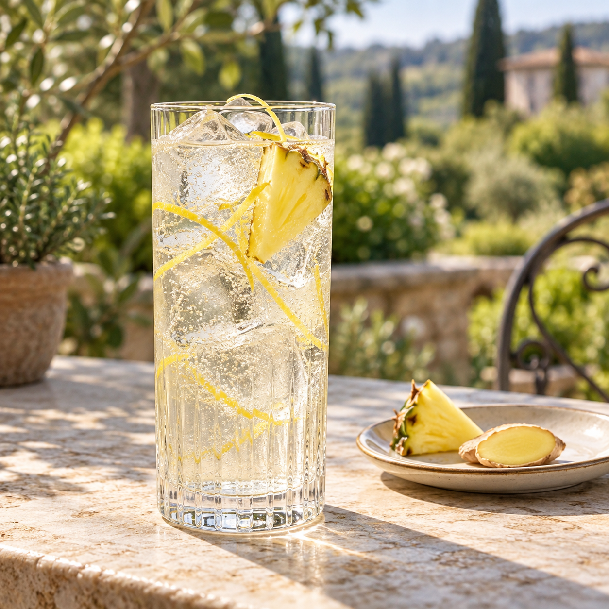 Gin No 3 served with Hysope tonic, garnished with Pineapple Wedge and Lemon Peel