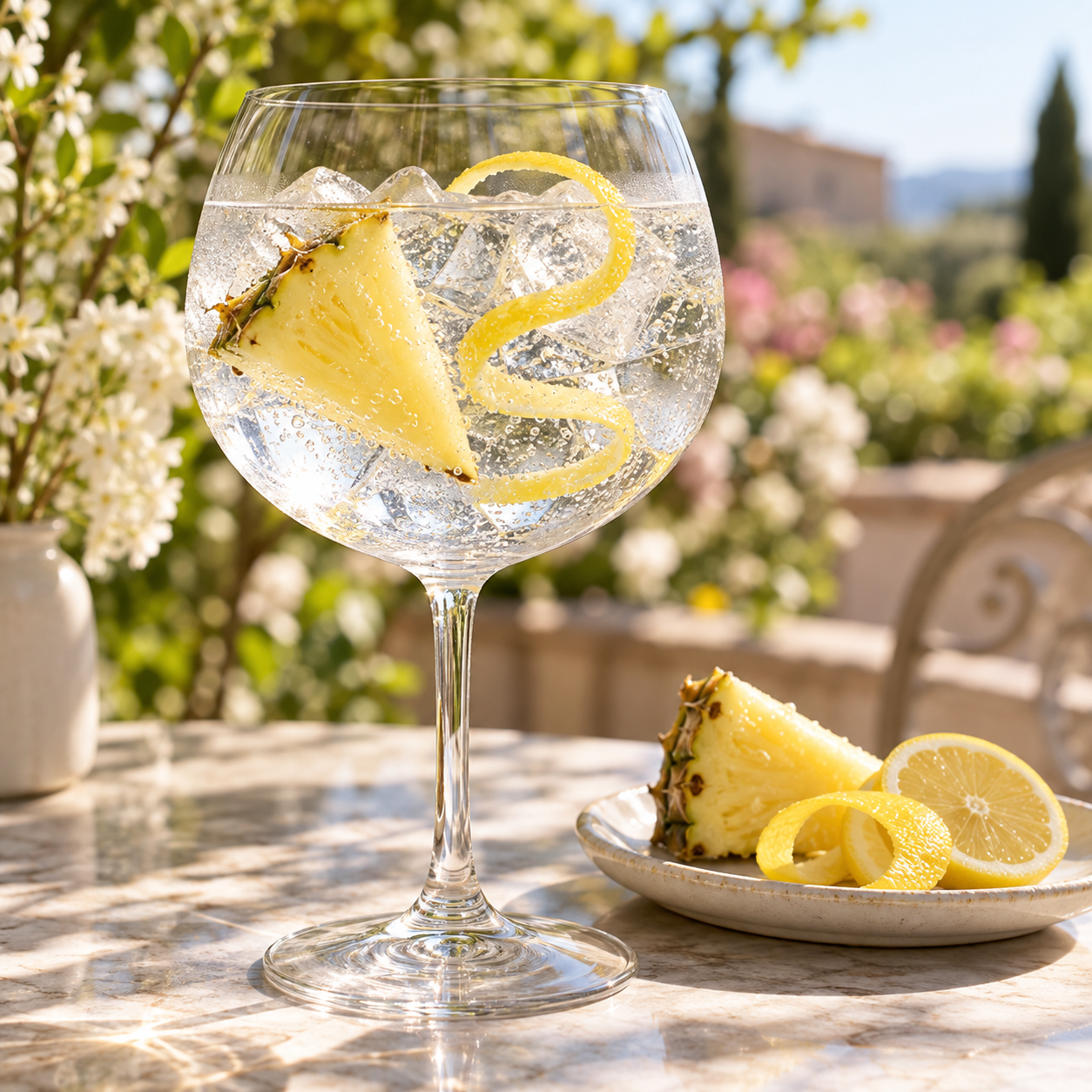 Gin de Printemps served with Hysope tonic, garnished with Pineapple Wedge and Lemon Peel