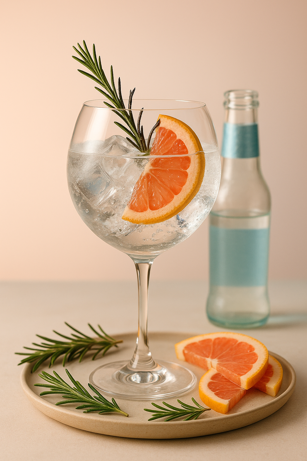 Malfy Gin Rosa servi avec Fever-Tree Mediterranean Tonic Water, agrémenté de Thin slice of pink grapefruit et Lightly singed rosemary sprig