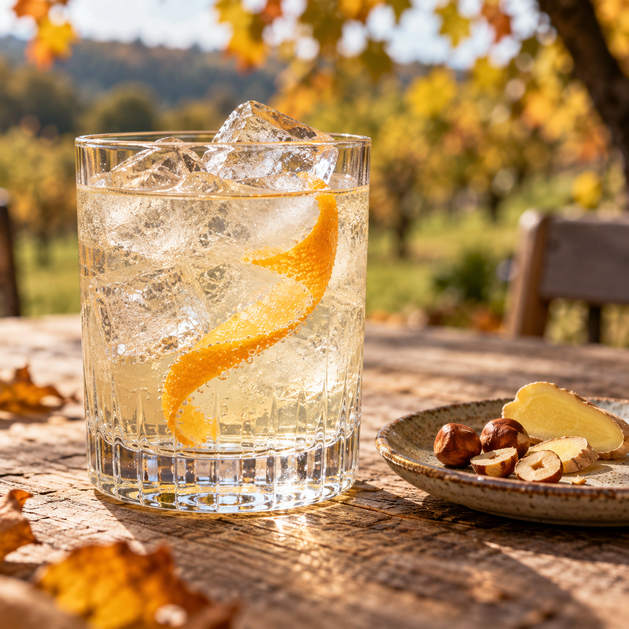Gin d'Automne served with Fever-Tree Indian Tonic Water, garnished with Orange Peel and Toasted hazelnuts