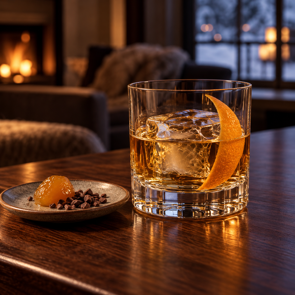 Gin d'Hiver served, garnished with Orange Peel and Candied Mirabelle