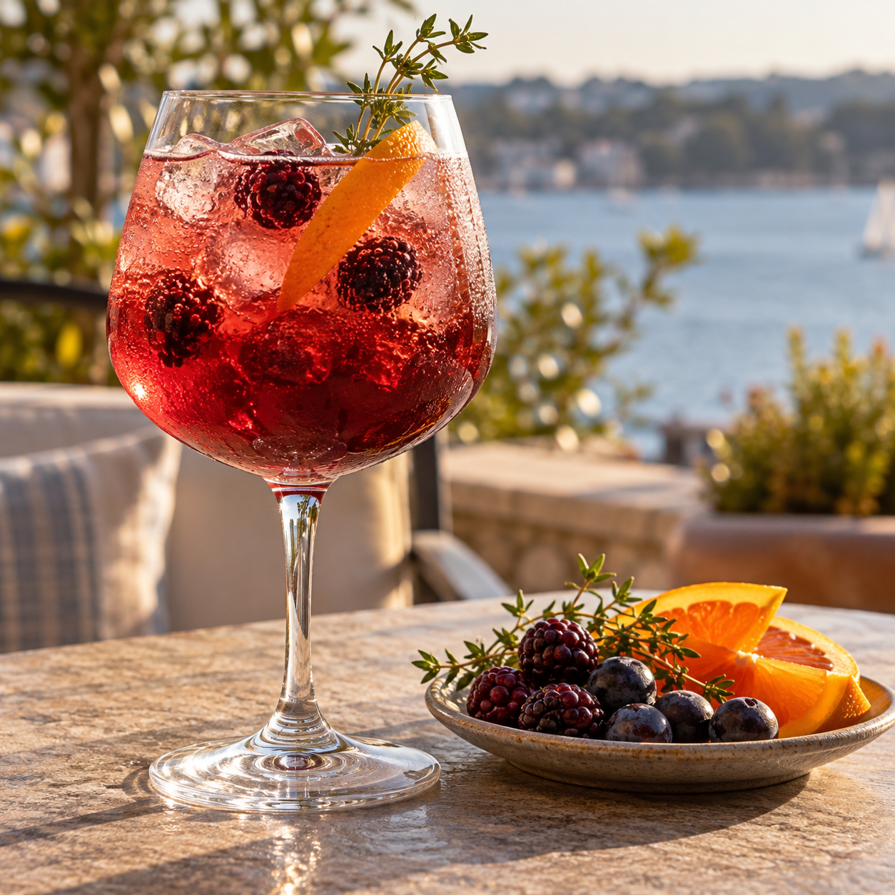 Hickson House Sloe Gin served with Fever-Tree Premium Soda Water, garnished with Sloe Berries and Orange Peel