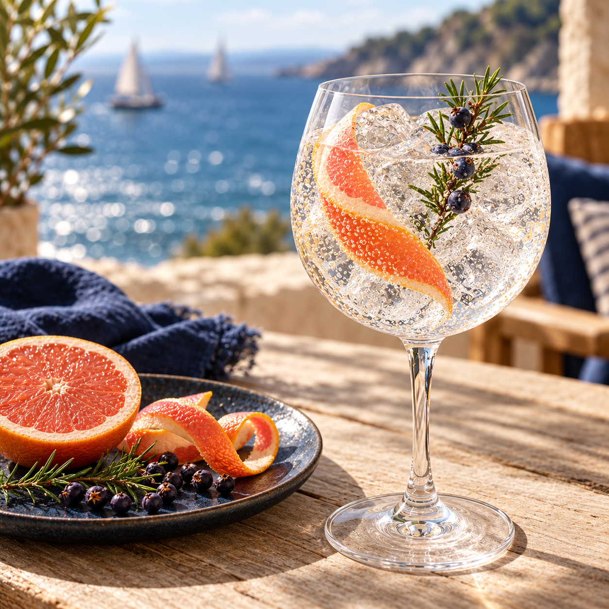 Imagination Navy Strength London Dry Gin served with Franklin & Sons Premium Indian Tonic Water, garnished with Pink Grapefruit Peel and Juniper Berries