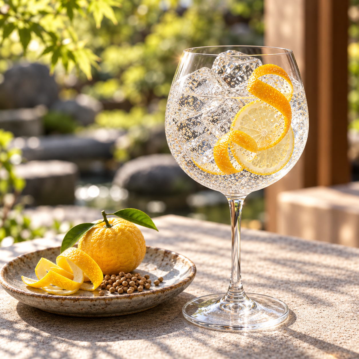 Humdinger Yuzu Gin served with Double Dutch Yuzu Lemongrass Tonic, garnished with Yuzu Peel and Lemon Wheel