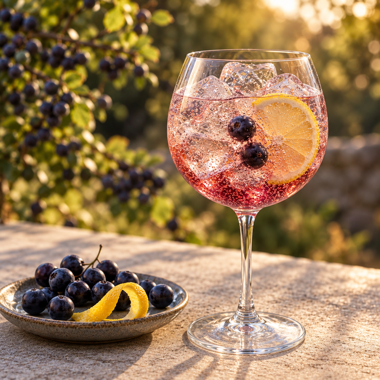Humdinger Sloe Gin served with East Imperial Old World Tonic Water, garnished with Fresh Sloes and Lemon Peel