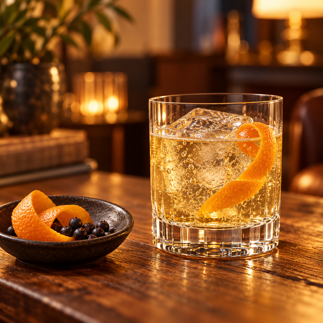 Humdinger Rum Barrel-Aged Gin servi avec Schweppes Dry Ginger Ale, agrémenté de zeste d'orange et baies de genièvre