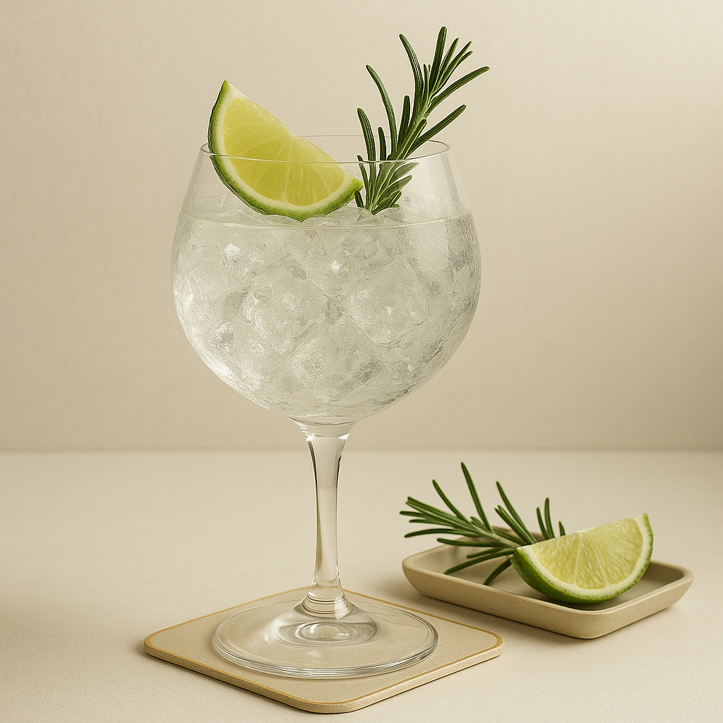 Apotek servi avec Fever-Tree Indian Tonic Water, agrémenté de Lime Wedge et Rosemary Sprig
