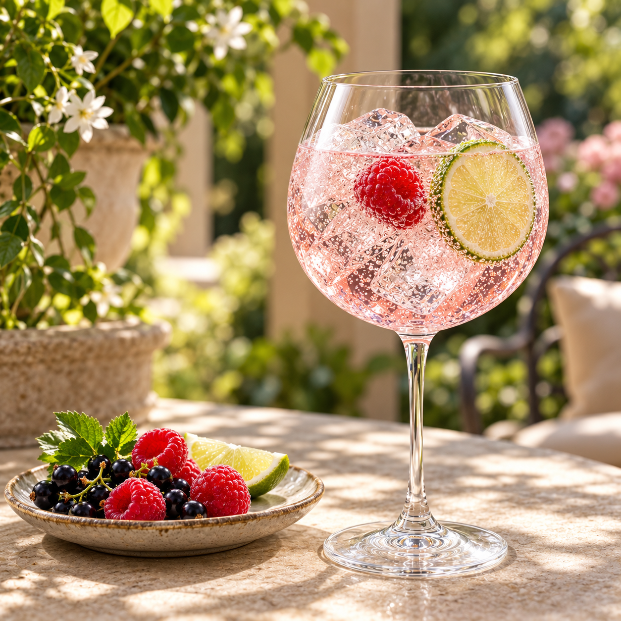 Humdinger Pink Gin served with Fentimans Pink Grapefruit Tonic Water, garnished with Fresh Raspberries and Lime Wheel
