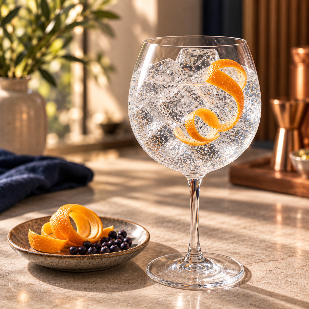 Humdinger Dry Gin servi avec Fever-Tree Indian Tonic Water, agrémenté de zeste d'orange et baies de genièvre