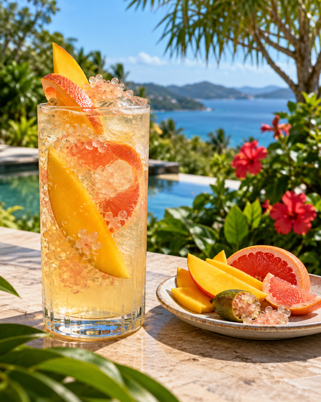 Wolf Lane Tropical Gin served with Top Note Grapefruit Tonic Water, garnished with Mango Slice and Finger Lime Pearls