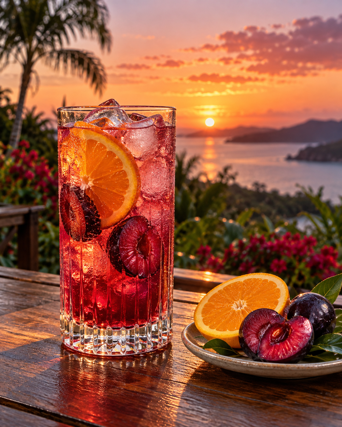 Wolf Lane Davidson Plum Gin servi avec Thomas Henry Grapefruit Tonic Water, agrémenté de tranche de prune Davidson et zeste d'orange
