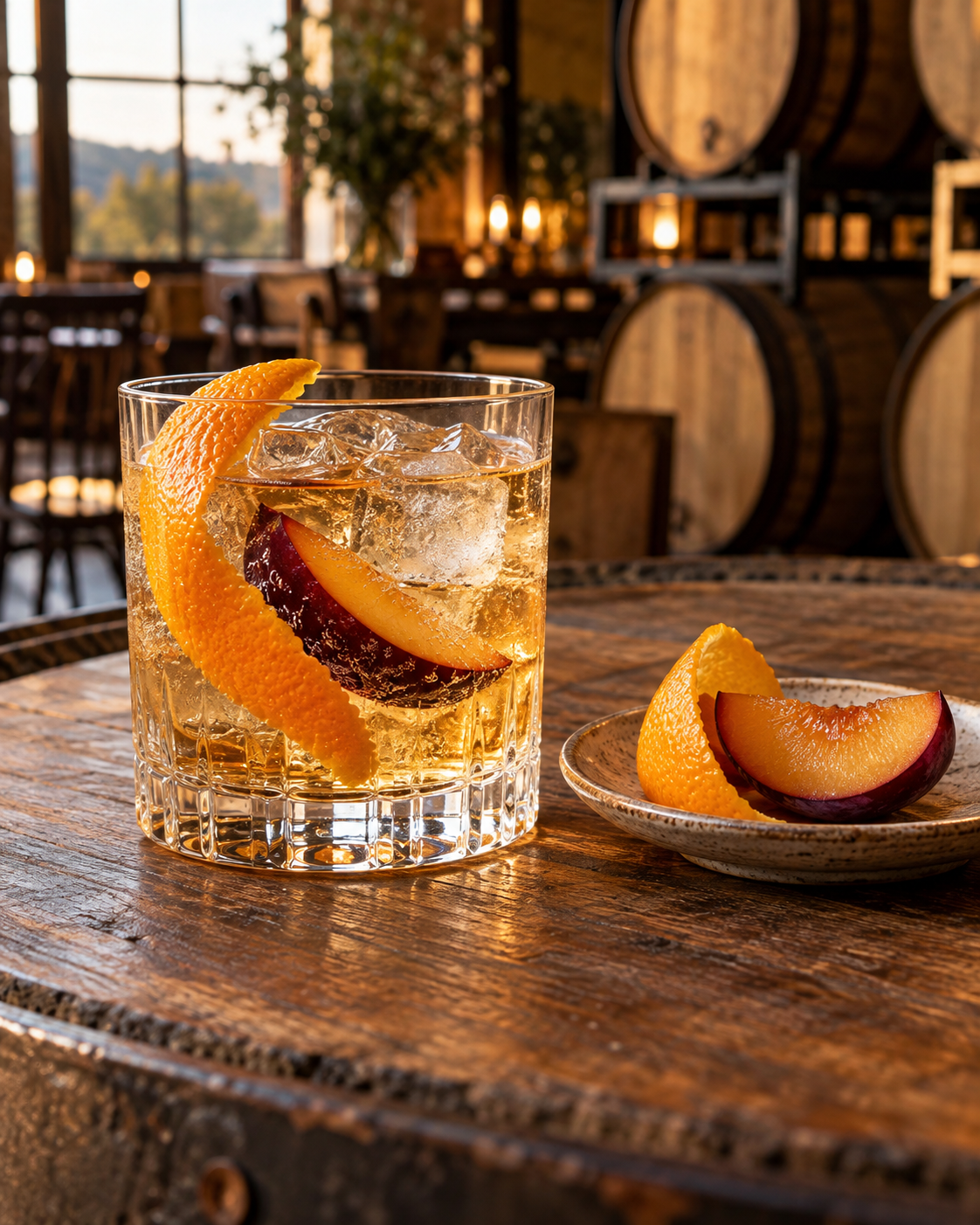 Wolf Lane Barrel Aged Plum Gin served with Top Note Classic Tonic Water, garnished with Davidson Plum and Orange Peel