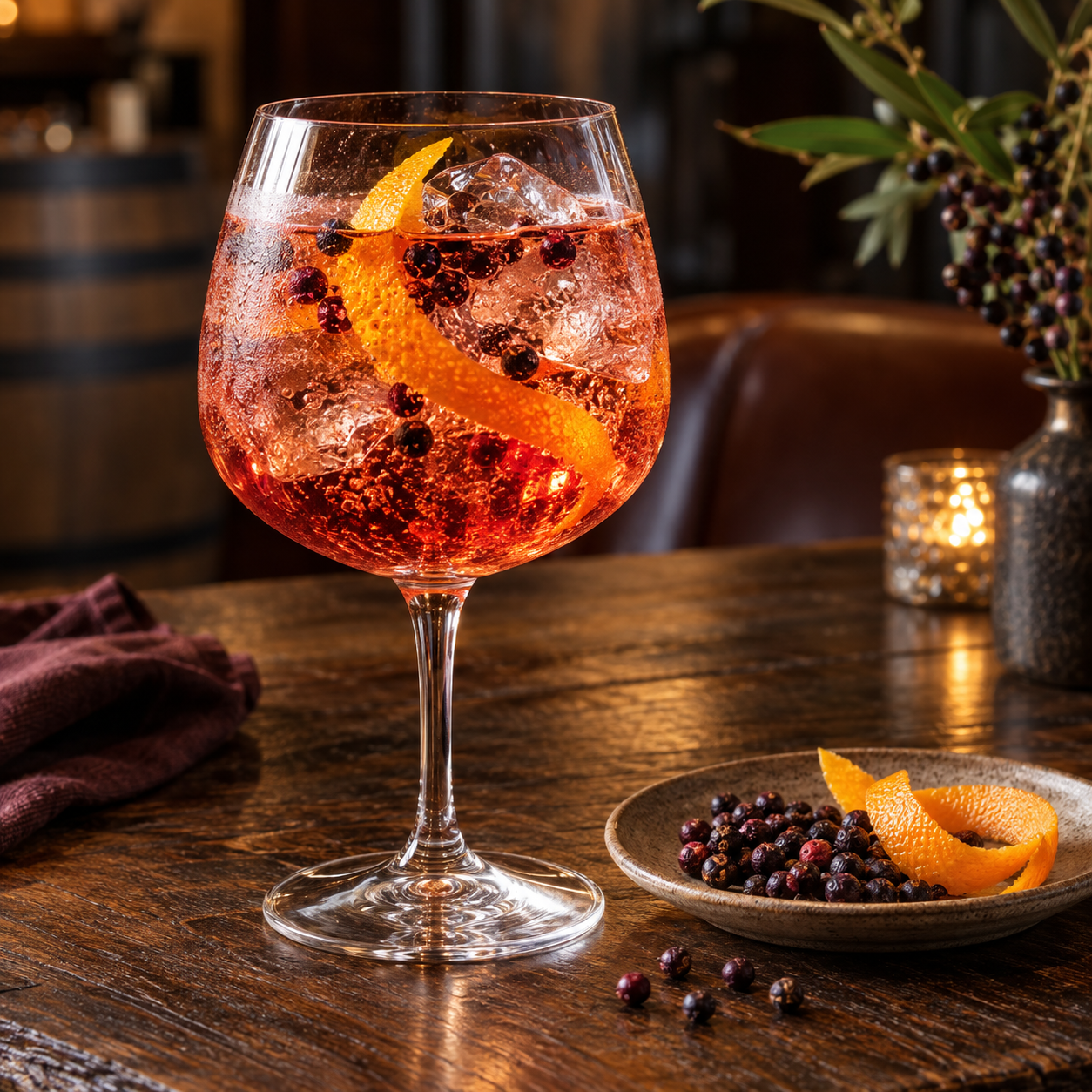 Underground Spirits Shiraz Gin with Tasmanian Pepperberries served with Fever-Tree Mediterranean Tonic Water, garnished with Orange Peel and Tasmanian Pepperberries