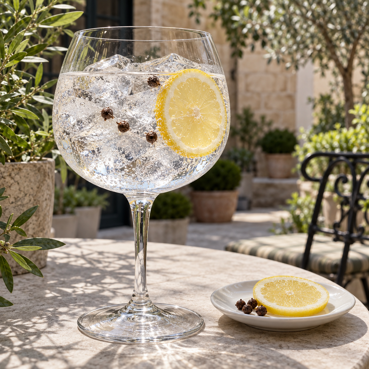 Threefold Dry Gin served with East Imperial Yuzu Tonic, garnished with Lemon Wheel and Grains of Paradise