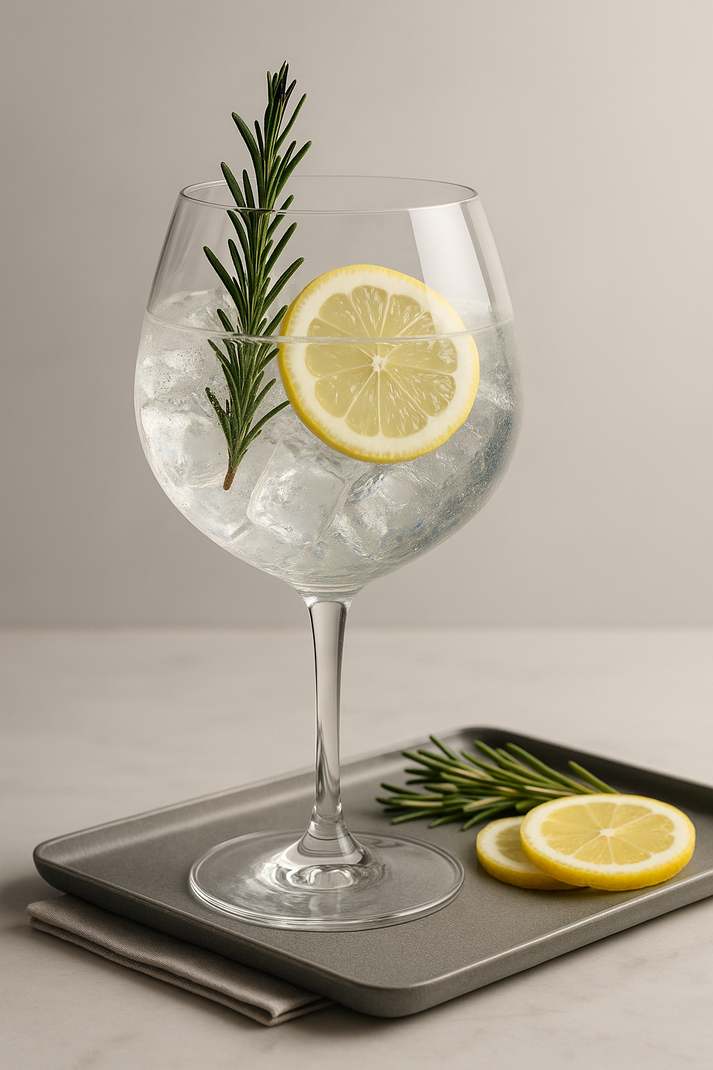 Malfy Originale Gin servi avec Fever-Tree Mediterranean Tonic Water, agrémenté de lightly singed rosemary sprig et thin lemon slice