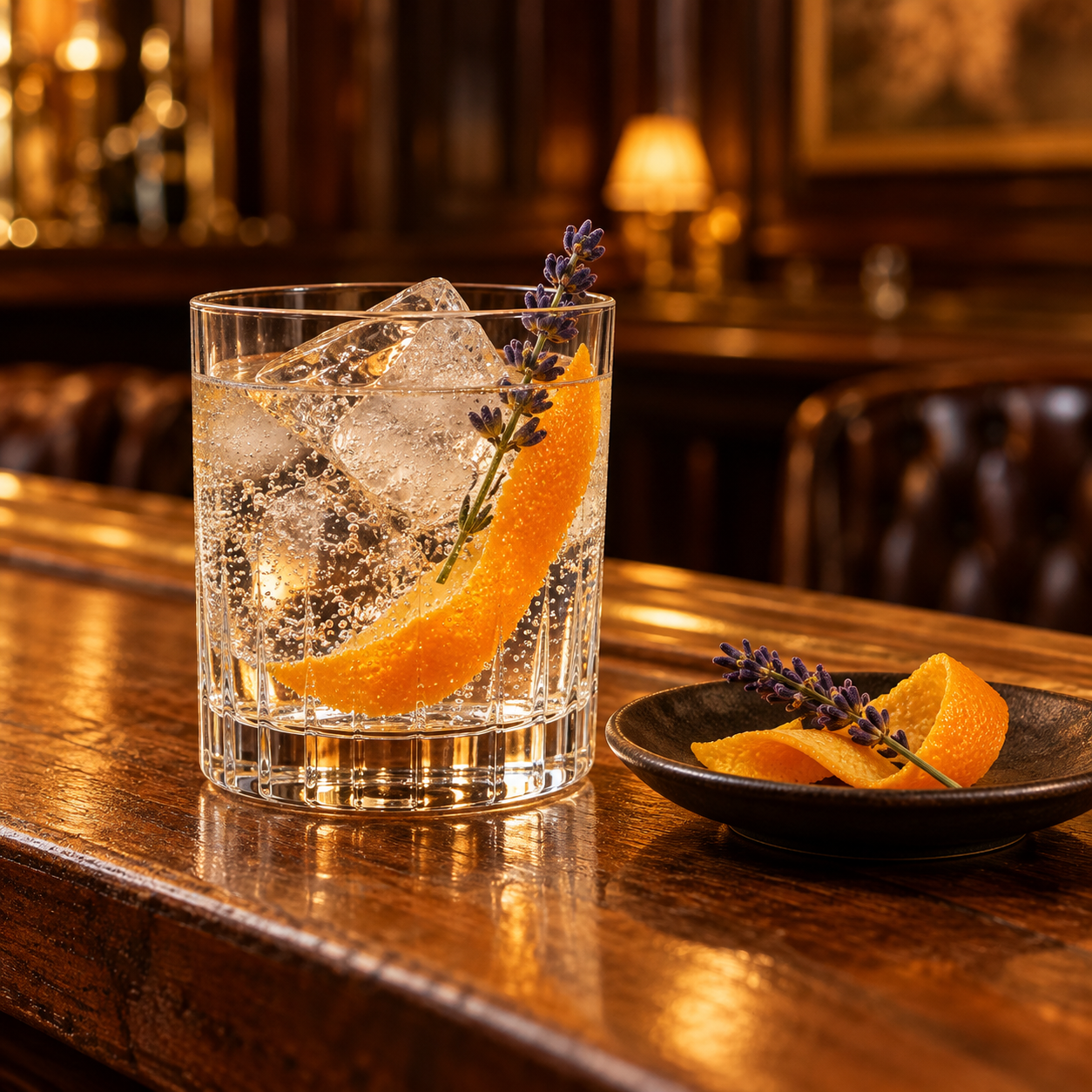 Threefold Barrel Aged Gin Australian Whisky Cask servi avec Thomas Henry Aromatic Tonic Water, agrémenté de zeste d'orange et brin de lavande
