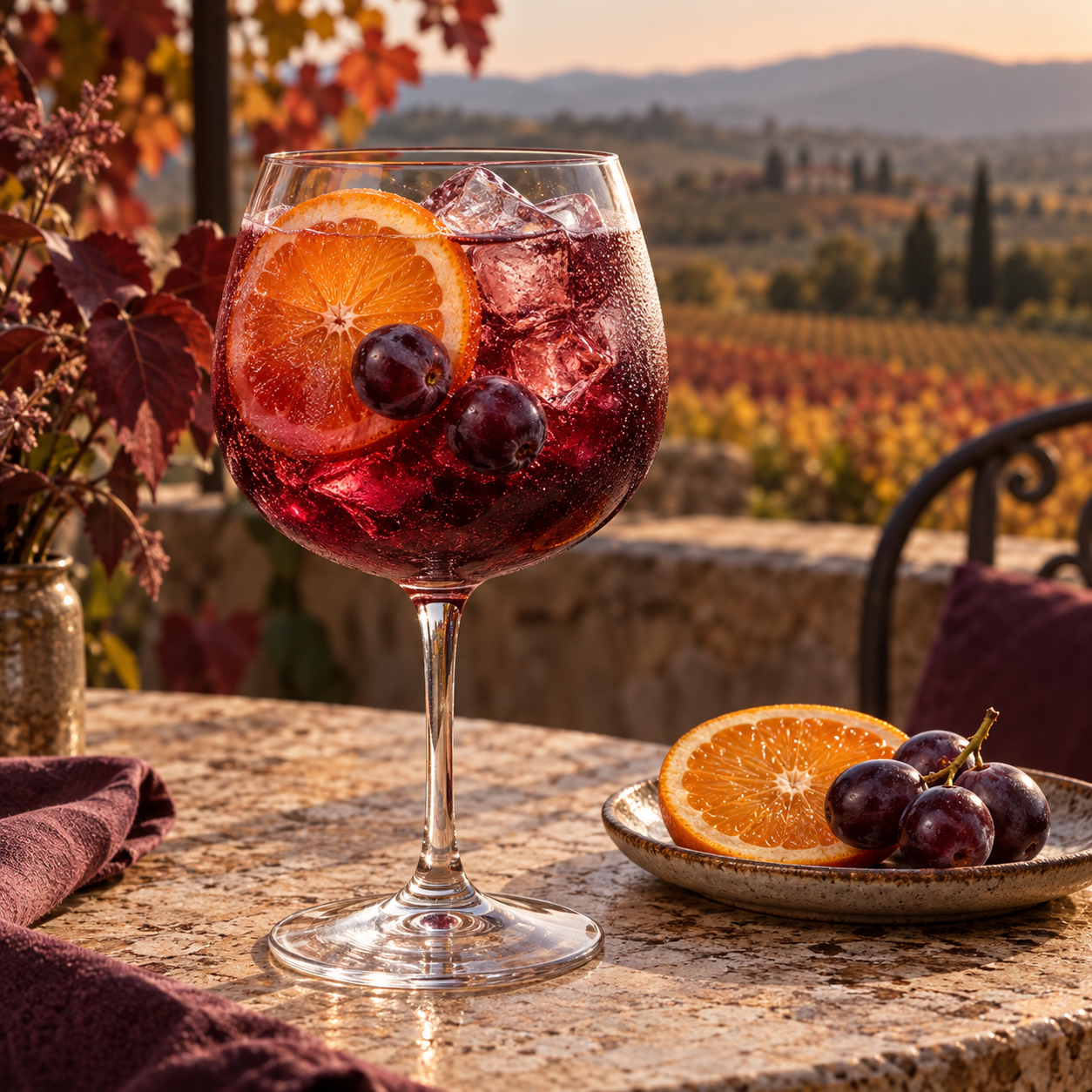 Threefold Barrel Aged Shiraz Gin served with Q Drinks Q Indian Tonic Water, garnished with Orange twist and Black Grapes