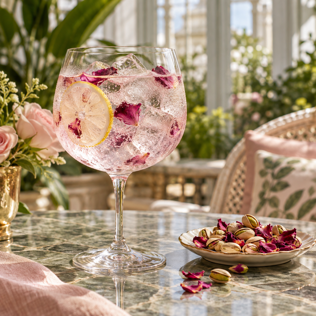 Temple of Juniper Persian Rose Gin served with Fever-Tree Mediterranean Tonic Water, garnished with Rose petals and Lemon Peel