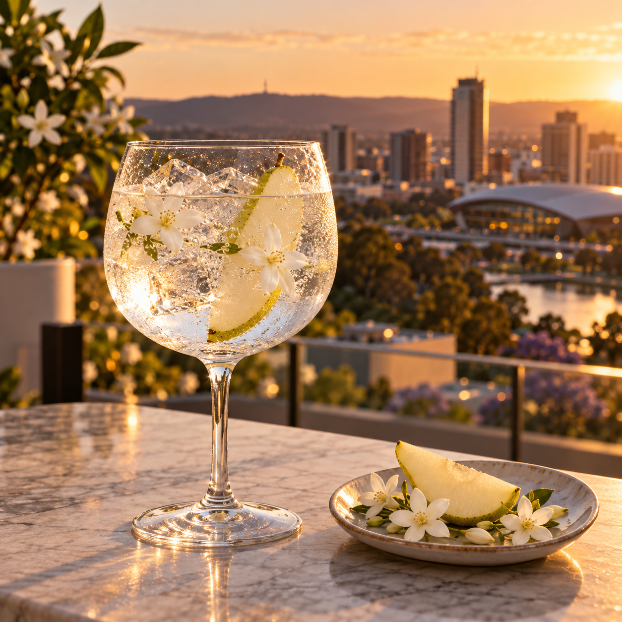 Threefold x 2KW Rooftop Gin served with Fever-Tree Mediterranean Tonic Water, garnished with Pear Slice and Jasmine Petals