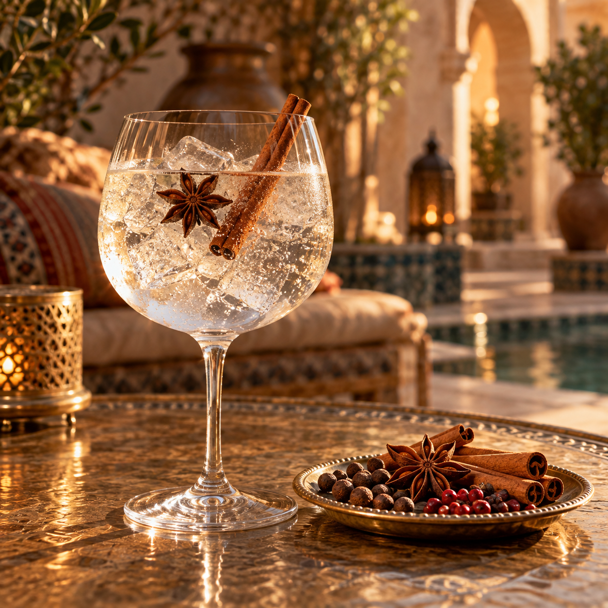 Temple of Juniper Middle Eastern Spiced Gin served with Fever-Tree Mediterranean Tonic Water, garnished with Cinnamon Stick and Allspice Berries