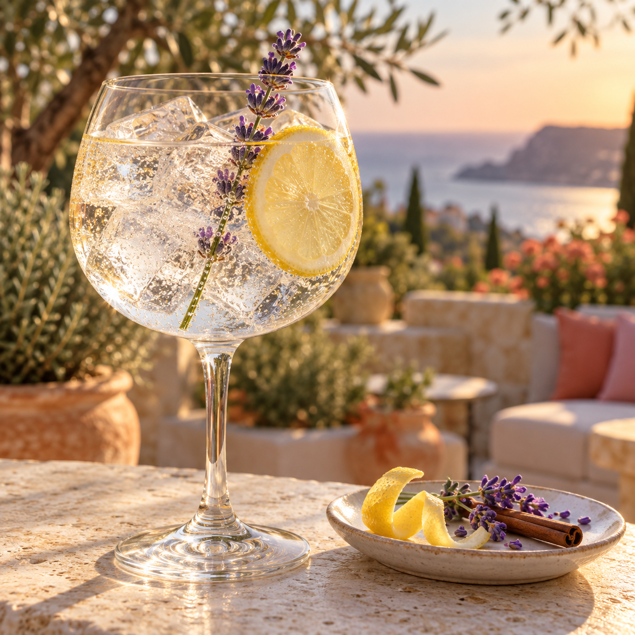 Temple of Juniper Mediterranean Summer Gin served with Fever-Tree Mediterranean Tonic Water, garnished with Lemon Wheel and Lavender Sprig