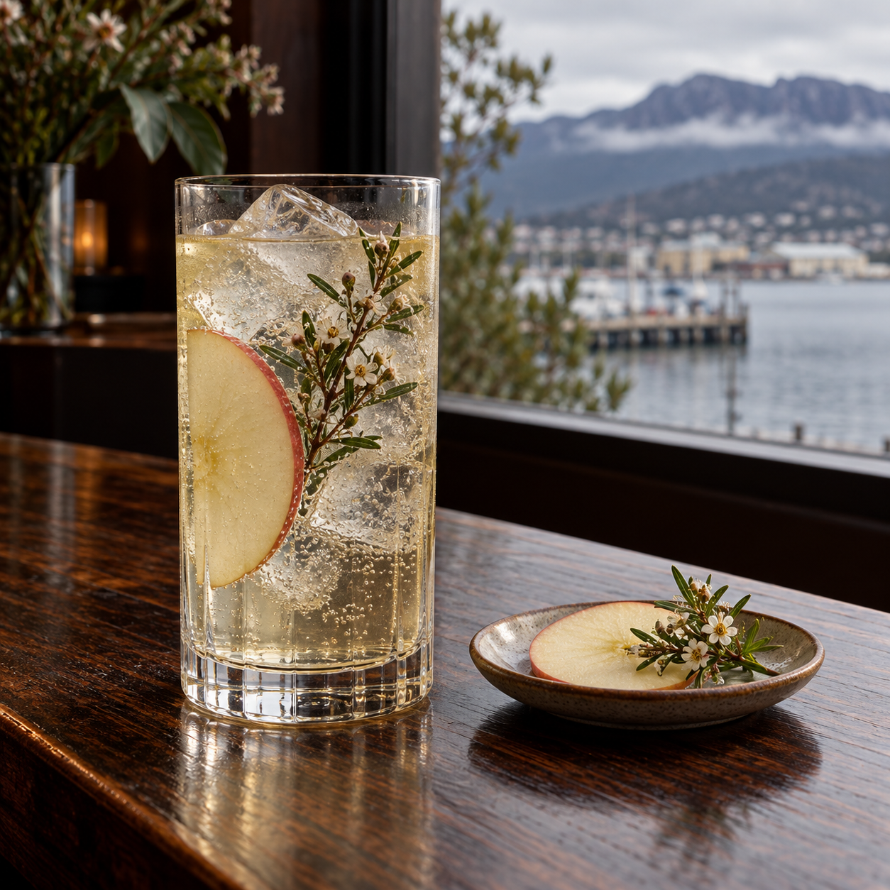 Taylor & Smith Gin served with Fever-Tree Indian Tonic Water, garnished with Apple Slice and Kunzea Sprig