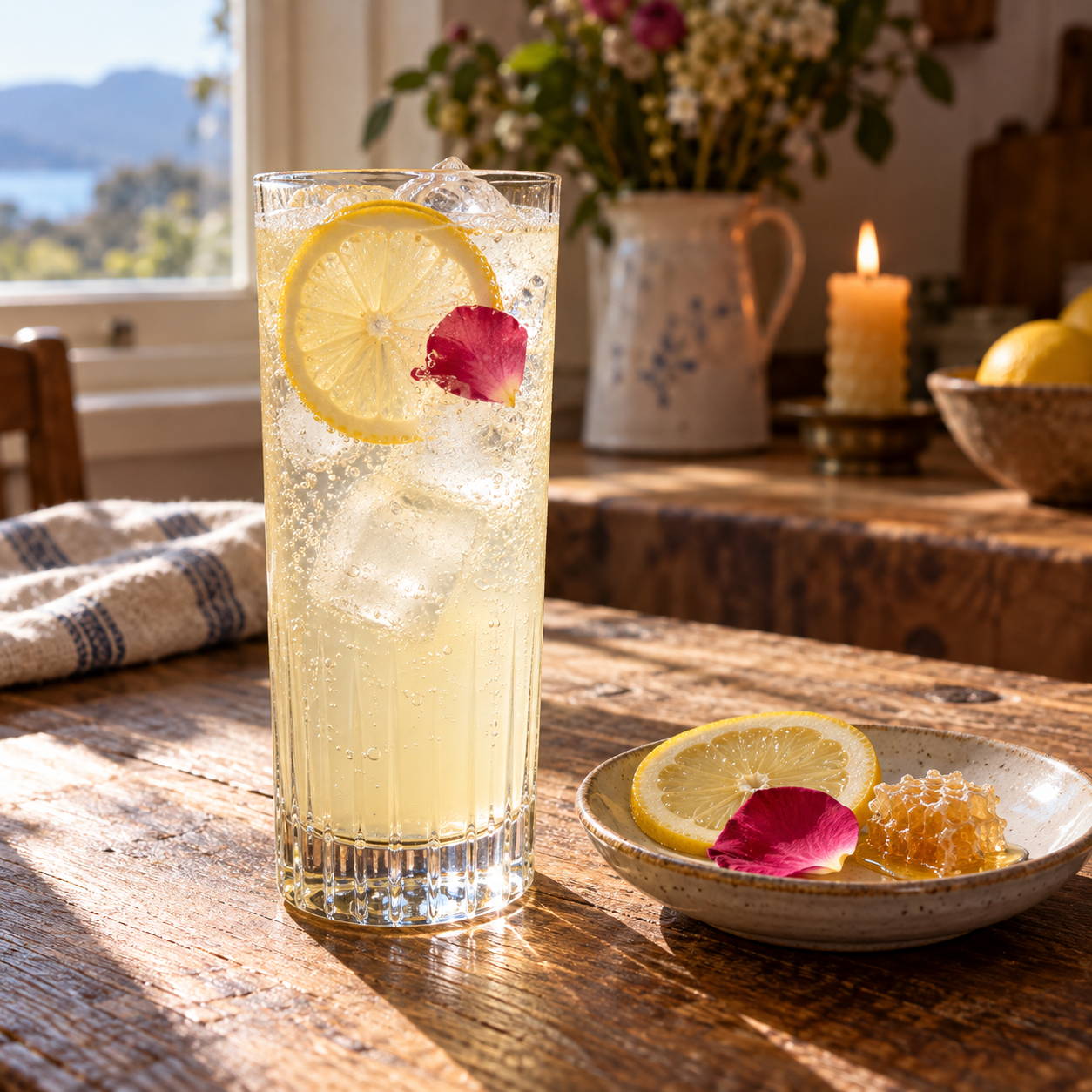 Taylor & Smith x Analiese Gregory Honey Gin served with Fever-Tree Elderflower Tonic Water, garnished with Lemon Wheel and Rose Petal