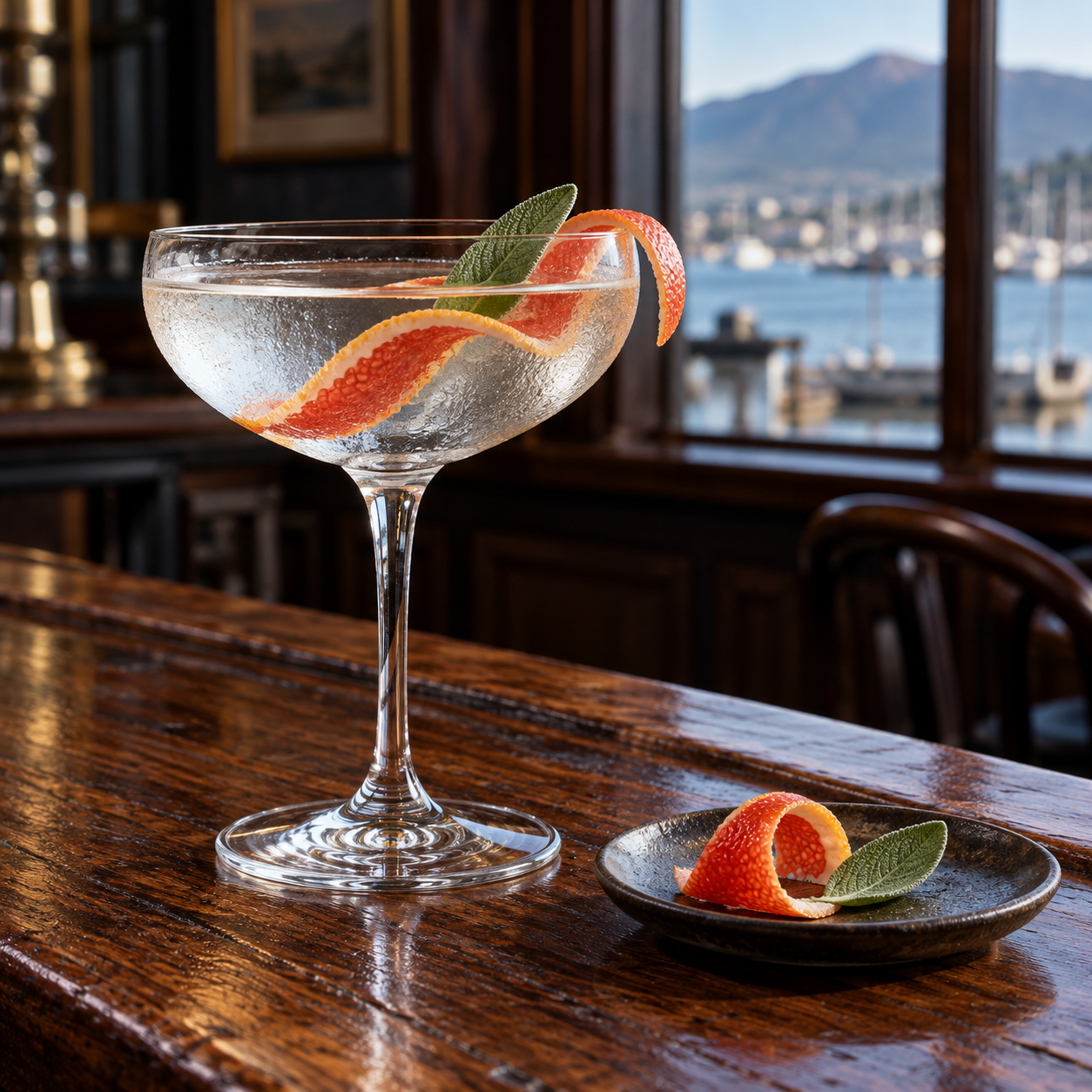 Taylor & Smith Dry Gin served with Fentimans Mediterranean Tonic Water, garnished with Red Grapefruit Twist and Fresh Sage Leaf