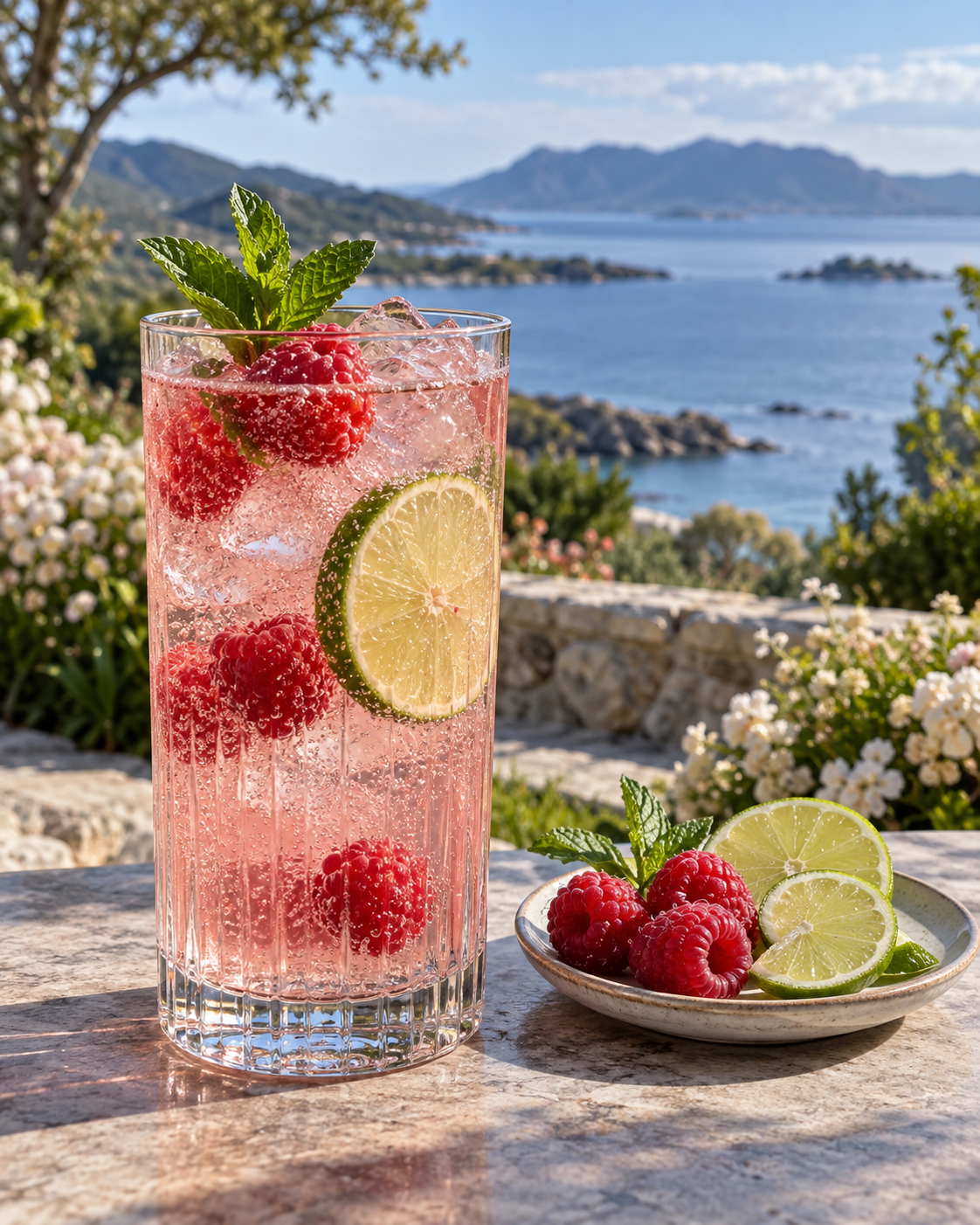 Spring Bay Tasmanian Pink Gin served with East Imperial Yuzu Tonic, garnished with Fresh raspberry and Lime Wheel