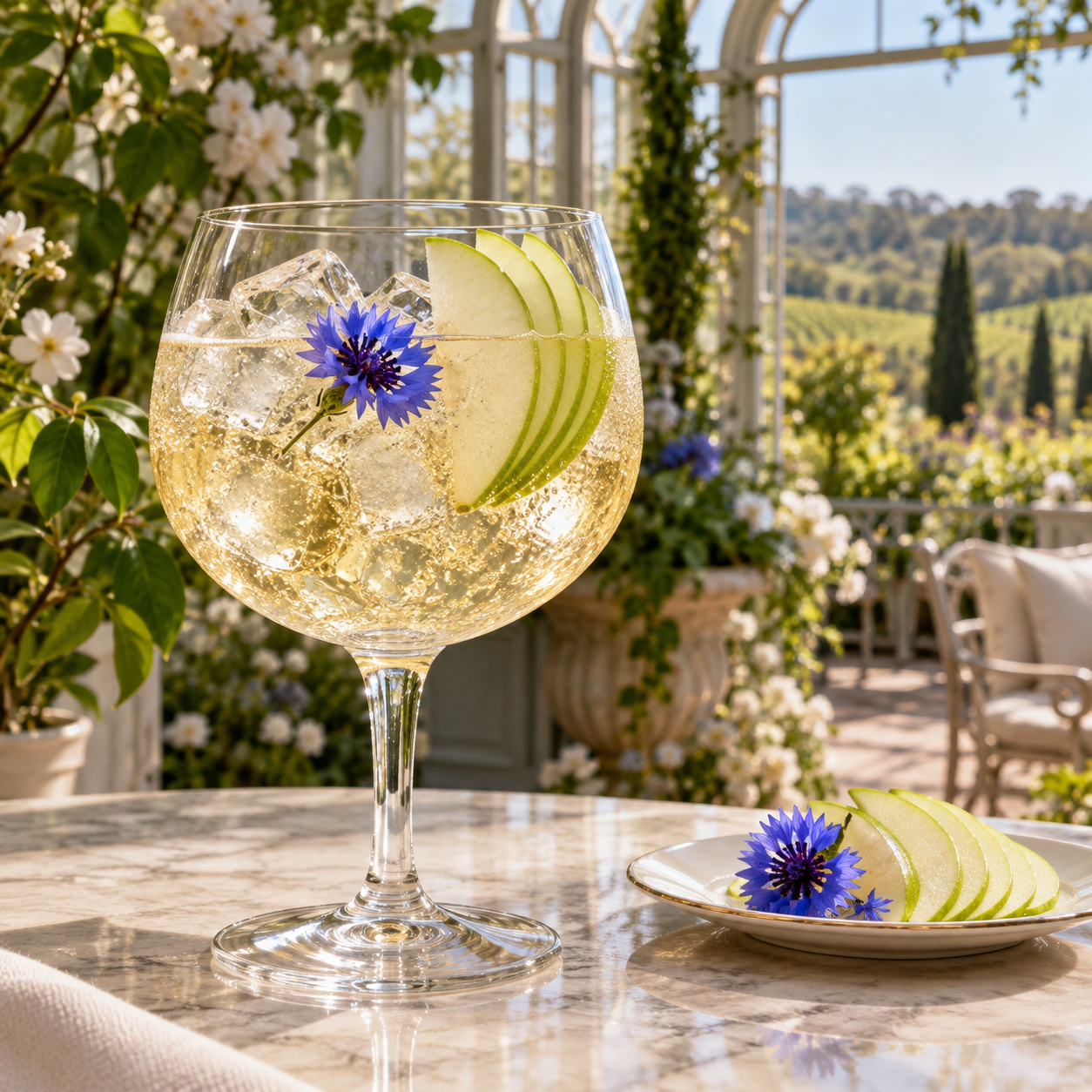 Seppeltsfield Rd Distillers House Gin servi avec Fentimans Mediterranean Tonic Water, agrémenté de éventail de pomme verte et bleuet bleu
