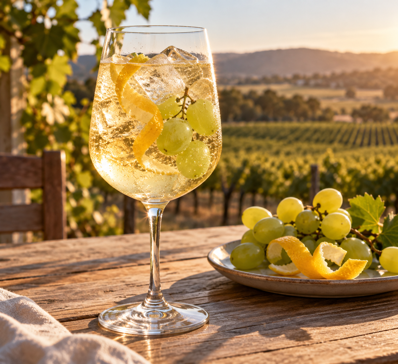 Seppeltsfield Rd Distillers Barossa Semi Gin servi avec The London Essence Company Classic Tonic Water, agrémenté de grappe de raisins verts et zeste de citron