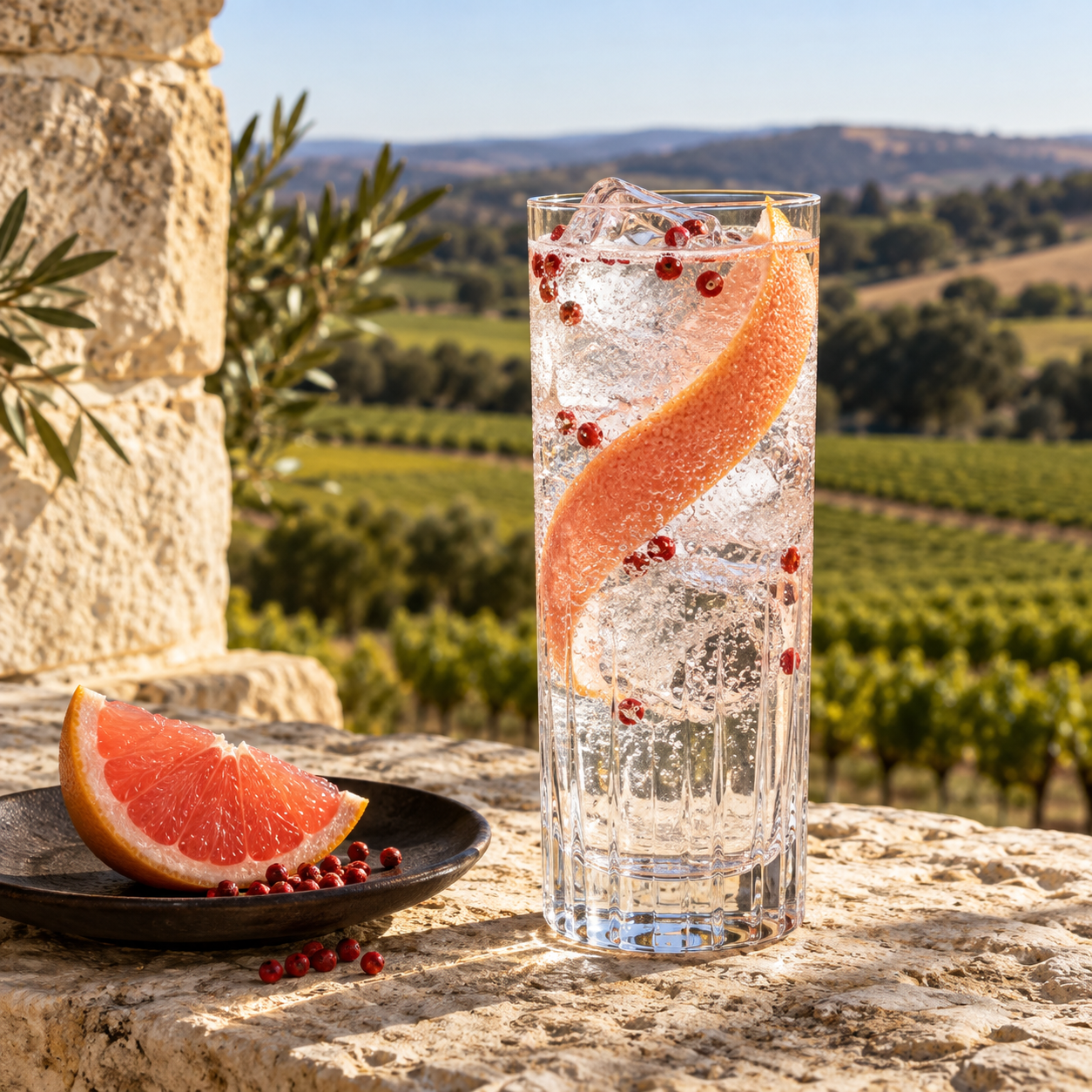 Seppeltsfield Rd Distillers Barossa Dry Gin servi avec Double Dutch Skinny Tonic Water, agrémenté de quartier de pamplemousse rose et grains de poivre rose