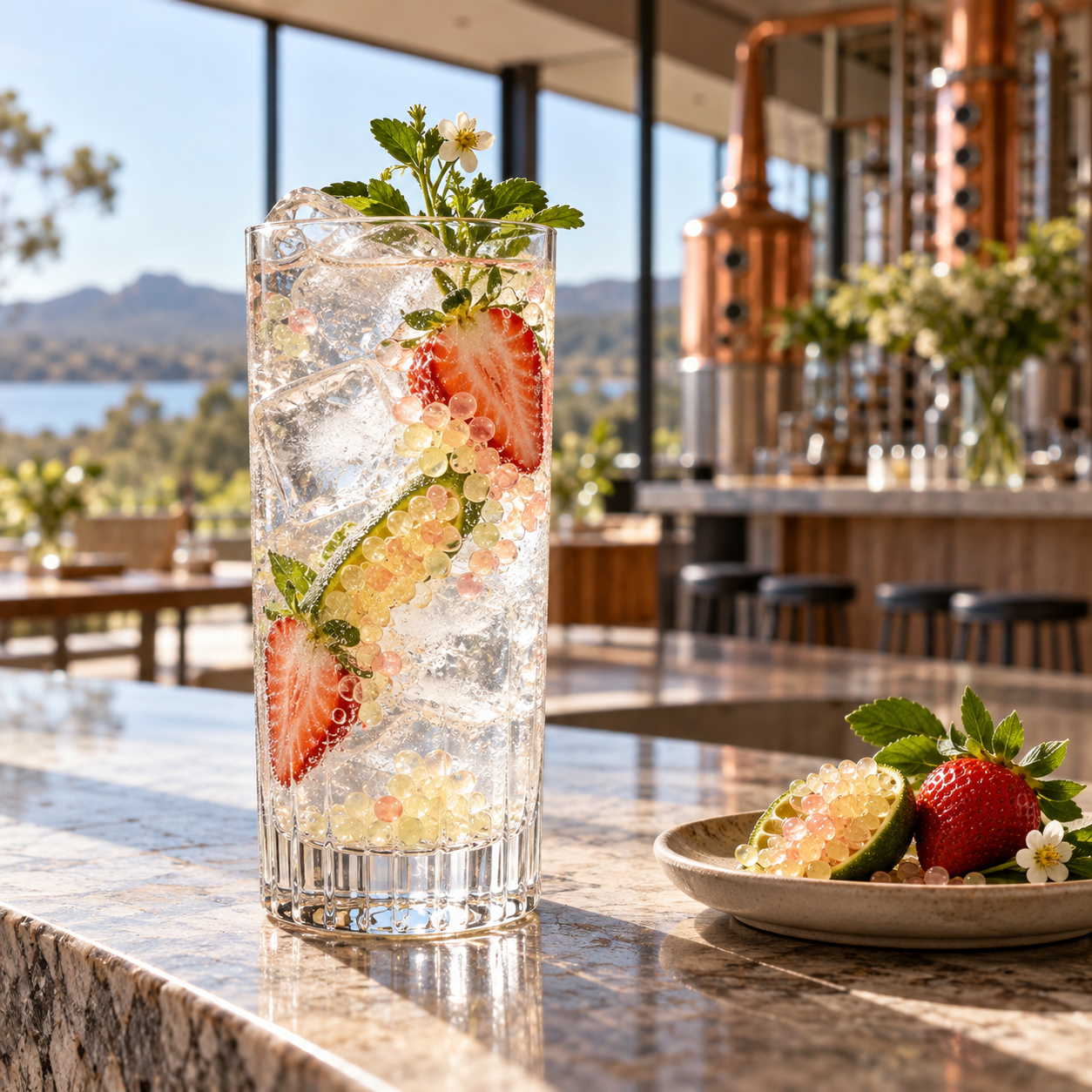 Prohibition Shareholder Edition Gin served with East Imperial Yuzu Tonic, garnished with Finger Lime Pearls and Strawberry