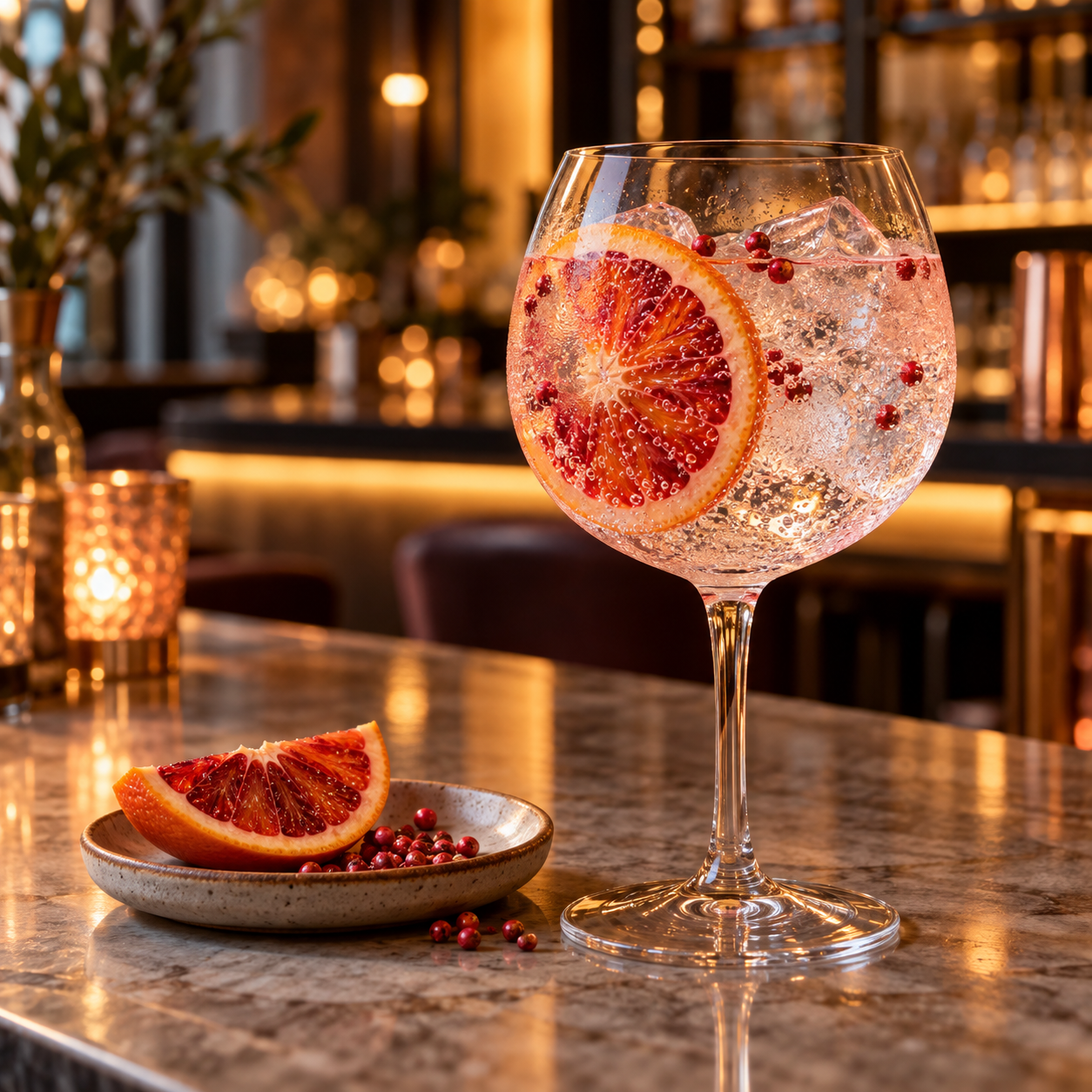 Prohibition Original Gin served with Q Drinks Q Indian Tonic Water, garnished with Blood Orange Wheel and Pink Peppercorns