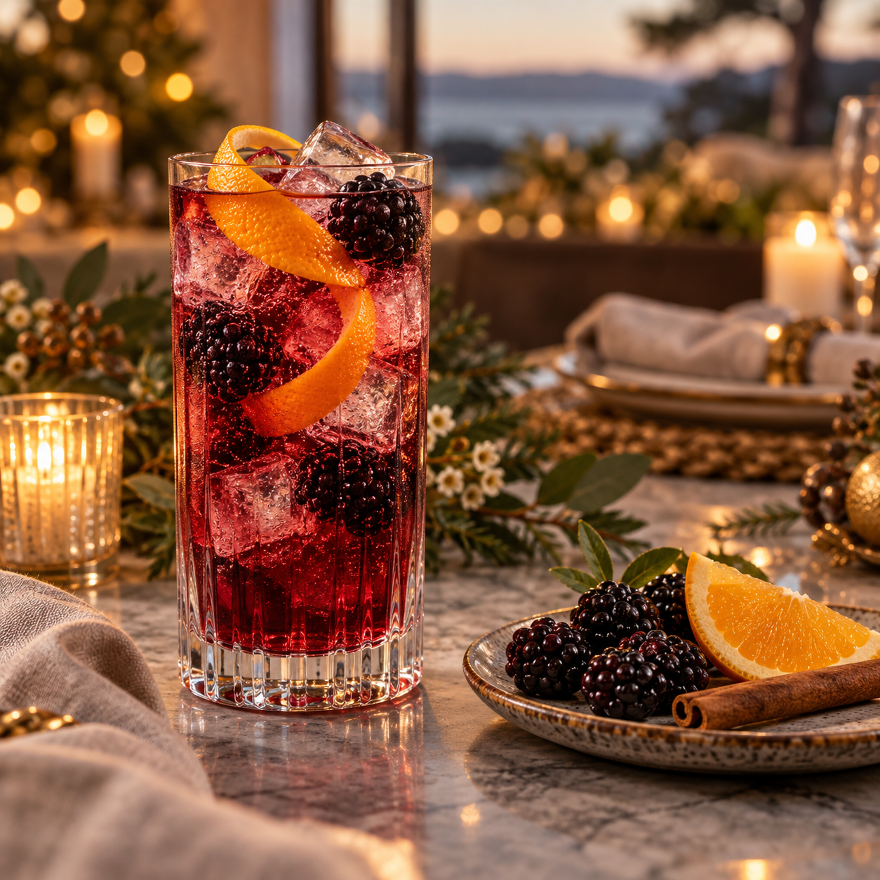 Prohibition Christmas Gin 2026 served with The London Essence Company Mediterranean Seville Orange Tonic, garnished with Blackberries and Orange Wheel